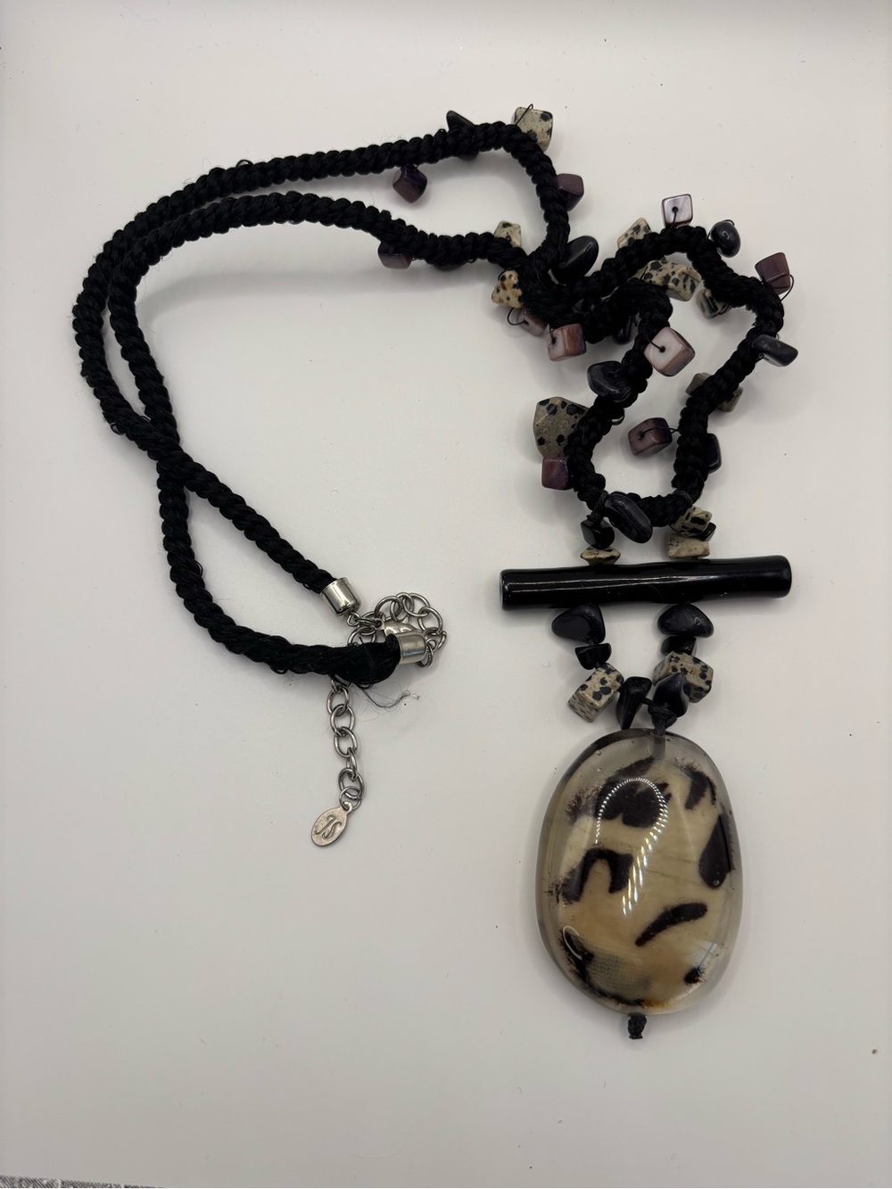 Black Cord Necklace with Beige Leopard-Pattern Pendant